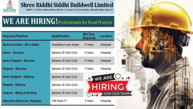 Shree Riddhi Siddhi Buildwell Ltd Vacancy 2024: For Highway and Road Projects In Himachal Pradesh, ITI, Diploma, B.tech, Degree