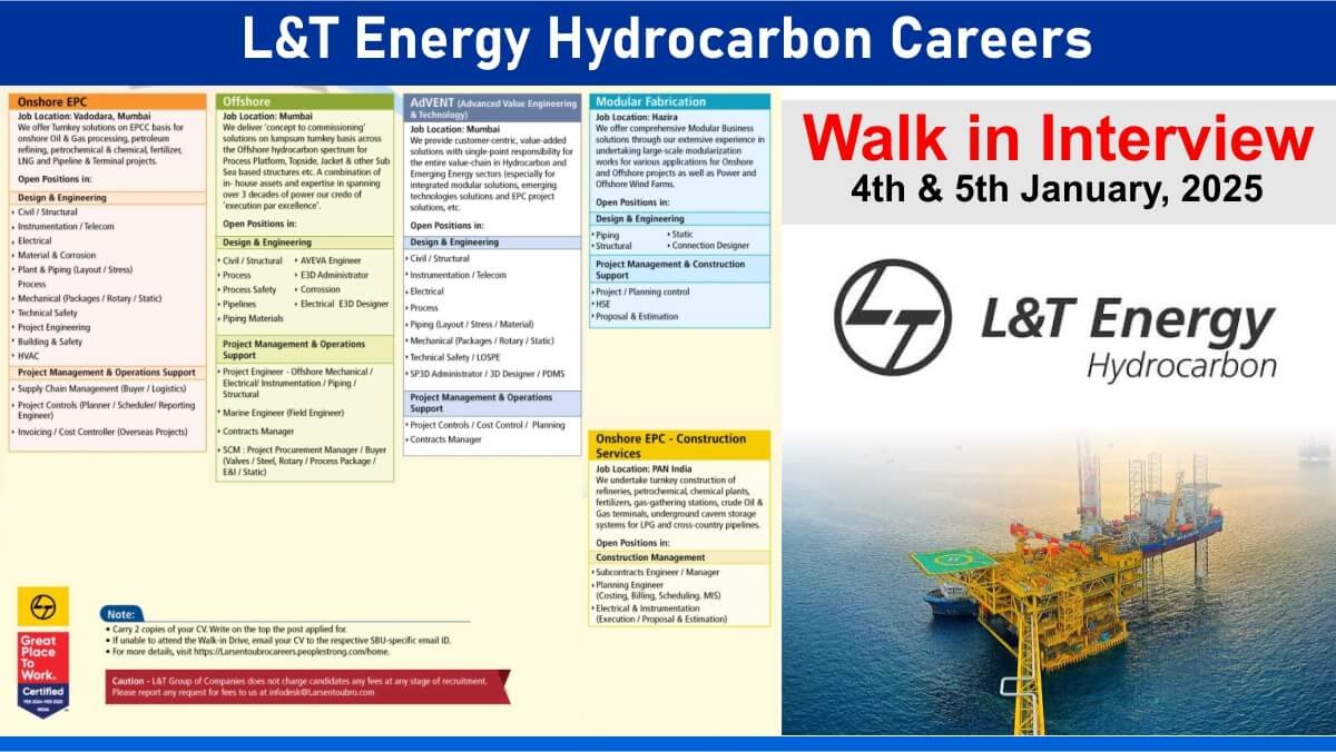 L&T Energy Hydrocarbon Careers: Recruitment for Multiple Positions in Oil & Gas EPC Project | Apply Now