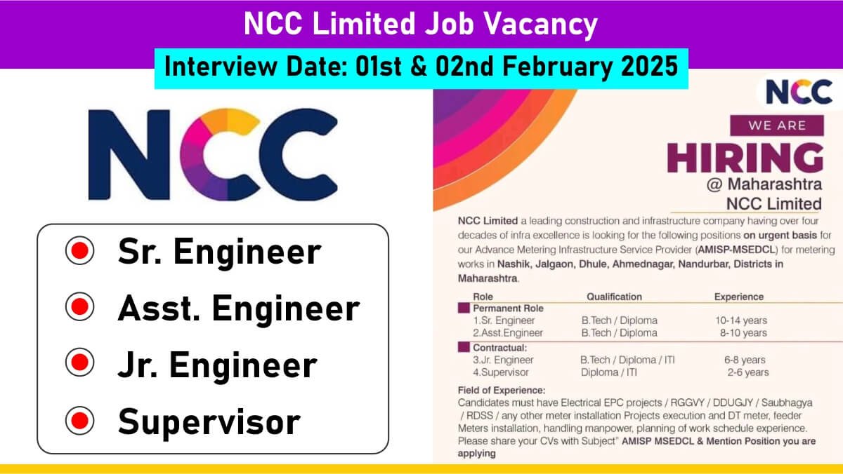 NCC Limited Job Vacancy: Recruitment for Multiple Positions | B.Tech, Diploma, ITI Jobs | Apply Now