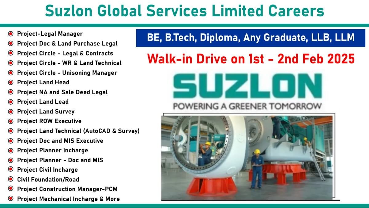 Suzlon Global Services Limited Careers: Recruitment for Multiple Positions | Walk-in Drive on 1st – 2nd February 2025