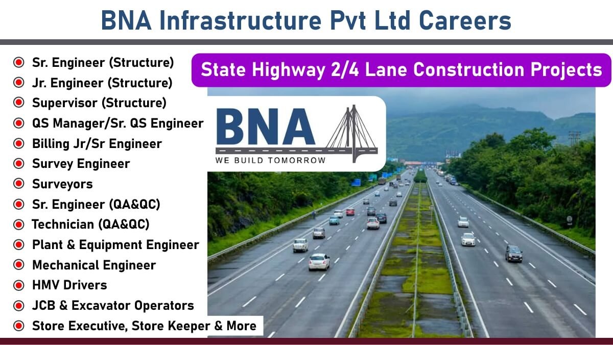 BNA Infrastructure Pvt Ltd Careers: Recruitment for Multiple Positions in State Highway 2/4 Lane Construction Projects