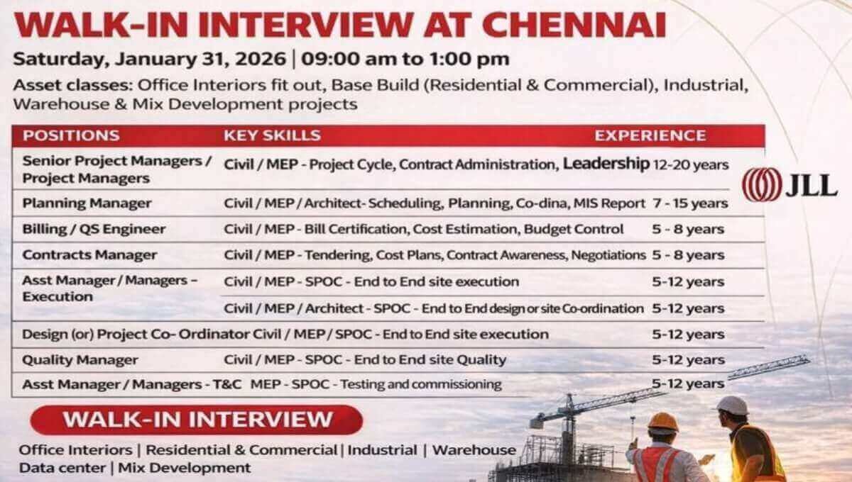Jll India Walk In Interview 2026 | Construction And Project Management Roles