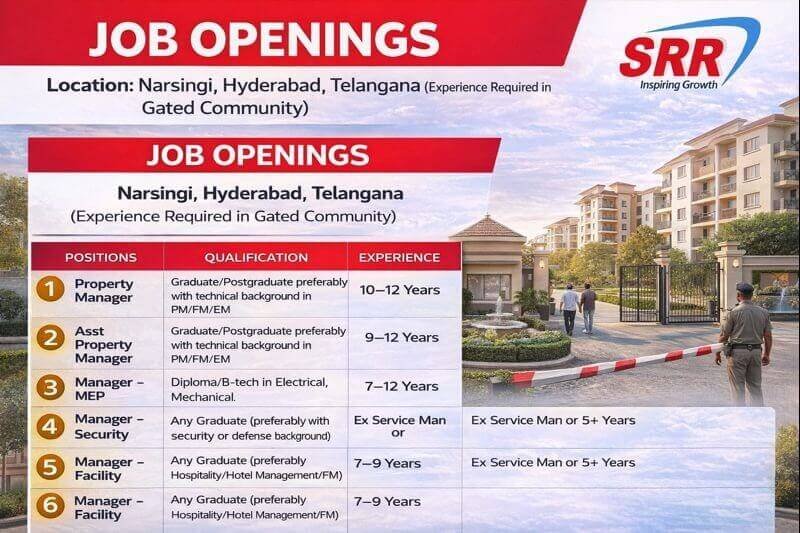 SRR Projects Pvt Ltd Vacancy | Residential Gated Community Projects | Construction Job