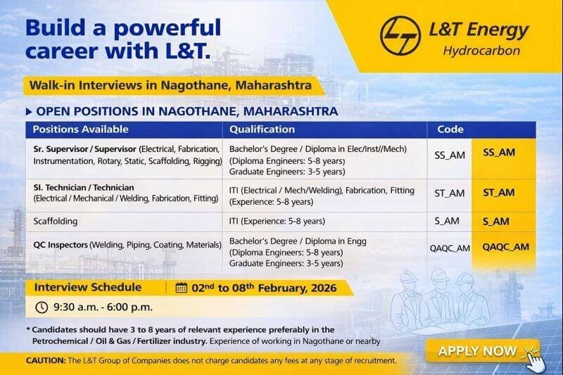 L&T Energy Hydrocarbon Walk In Interview | ITI, Diploma, Degree in Civil, Electrical and Mechanical